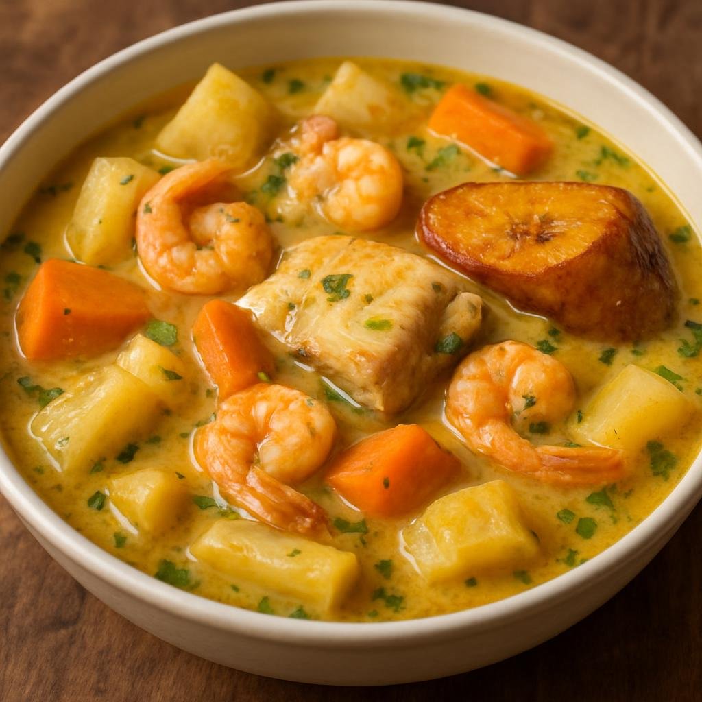 Entree: Costa Rica – National Cuisine – Rondón (Hearty Costa Rican Caribbean coconut-milk stew of fish, seafood, plantains and root vegetables) recipe