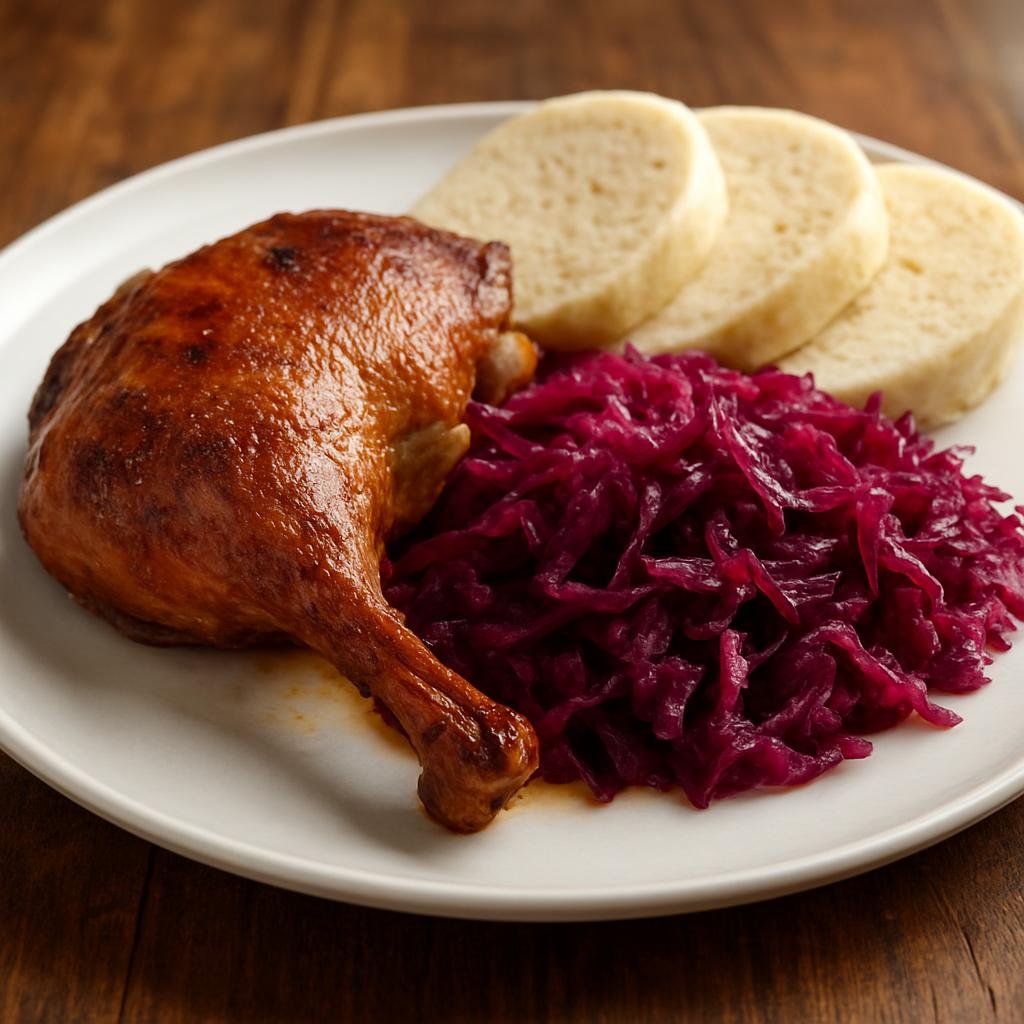 Entree: Czechia – Central Culinary Region – Kachna se zelím (Roast duck served with braised red cabbage and sliced bread dumplings) recipe