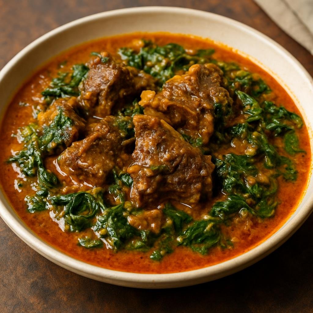 Entree: Democratic Republic of the Congo – National Cuisine – Ngulu Yako Tumba (Slow-cooked goat stew in palm oil and peanut sauce with leafy greens) recipe