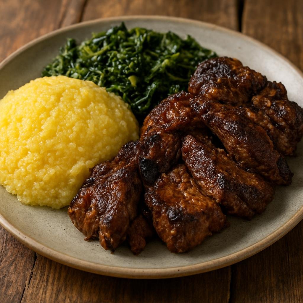 Entree: Eswatini – National Cuisine – Umncweba (Marinated and grilled beef shoulder served with maize porridge and sautéed greens) recipe