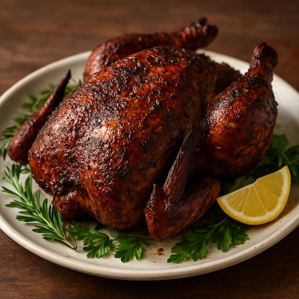 Entree: French Guiana – National Cuisine – Poulet Boucané (Hardwood-smoked Creole-style whole chicken marinated in garlic, herbs, and hot pepper) recipe