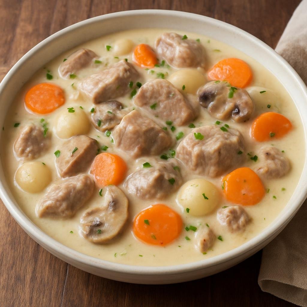 Entree: French Southern Territories – National Cuisine – Blanquette de Veau (Classic French creamy veal stew simmered with vegetables and finished with a cream-and-egg liaison) recipe