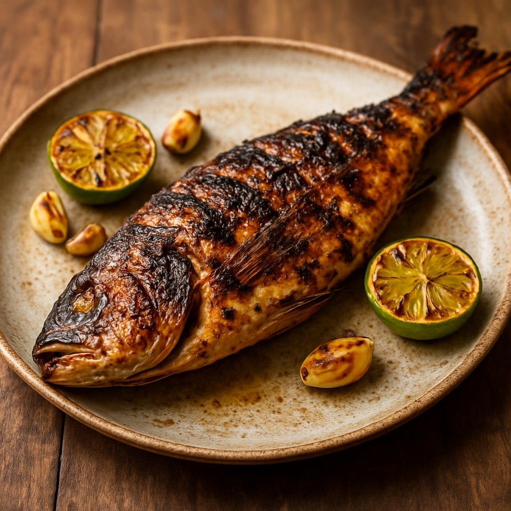 Entree: Guinea-Bissau – Northern Culinary Region – Peixe Grelhado (Whole grilled fish marinated with citrus, garlic, and piri-piri, charred over a hot grill or coals) recipe