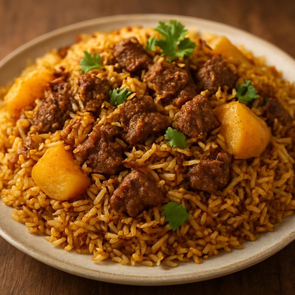 Entree: Mauritius – Northern Culinary Region – Briyani (Fragrant spiced layered rice with marinated meat and potatoes, finished by steaming) recipe