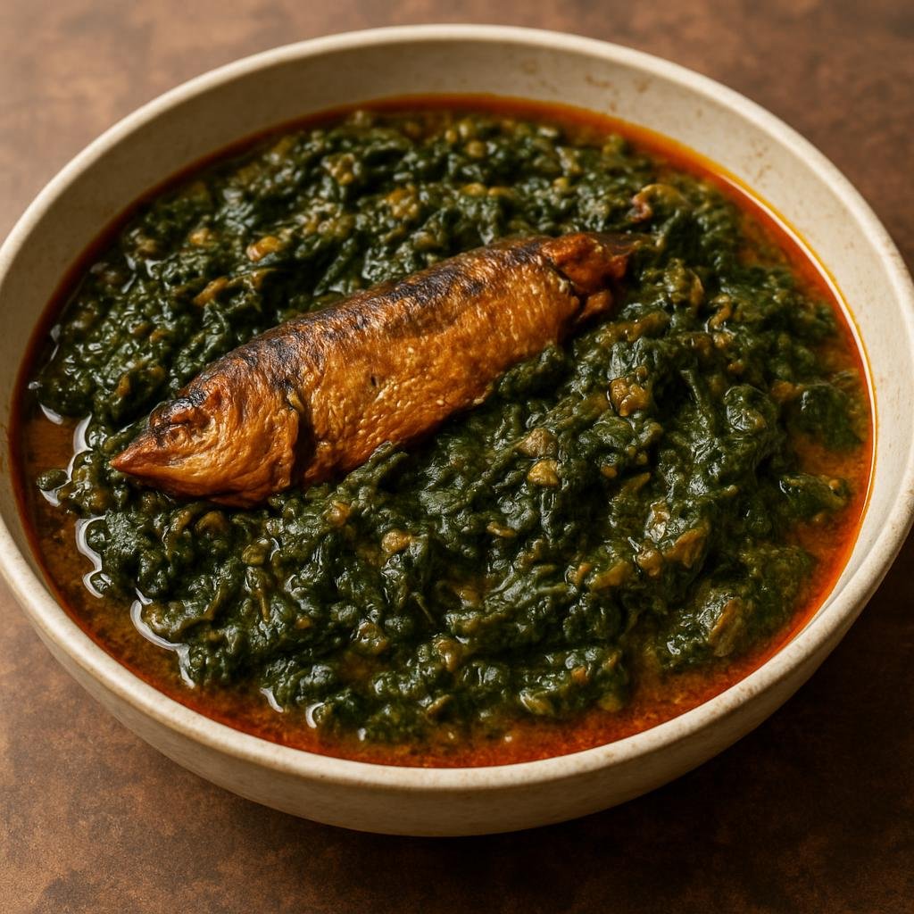 Entree: Republic of the Congo – Northern Culinary Region – Fumbwa (Hearty Congolese leafy-green stew made with fumbwa leaves, palm oil, and smoked fish) recipe