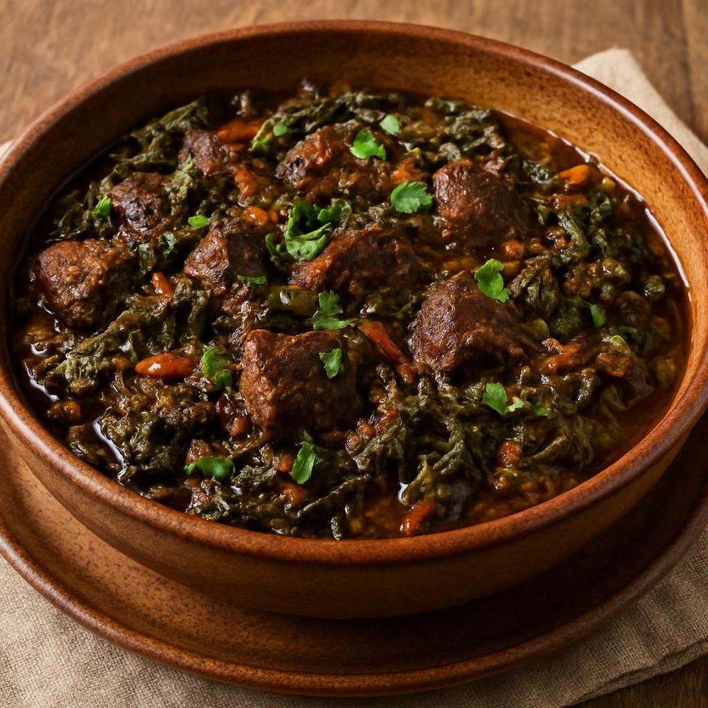 Entree: Suriname – Northern Culinary Region – Peperpot (Hearty Surinamese cassareep-based meat stew with greens and warm spices) recipe