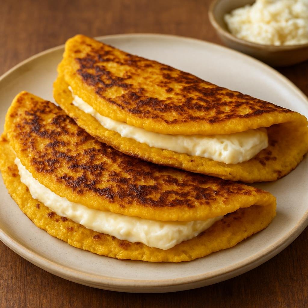 Entree: Venezuela – Northern Culinary Region – Cachapas (Thick grilled fresh-corn pancakes typically folded around soft Venezuelan cheese) recipe