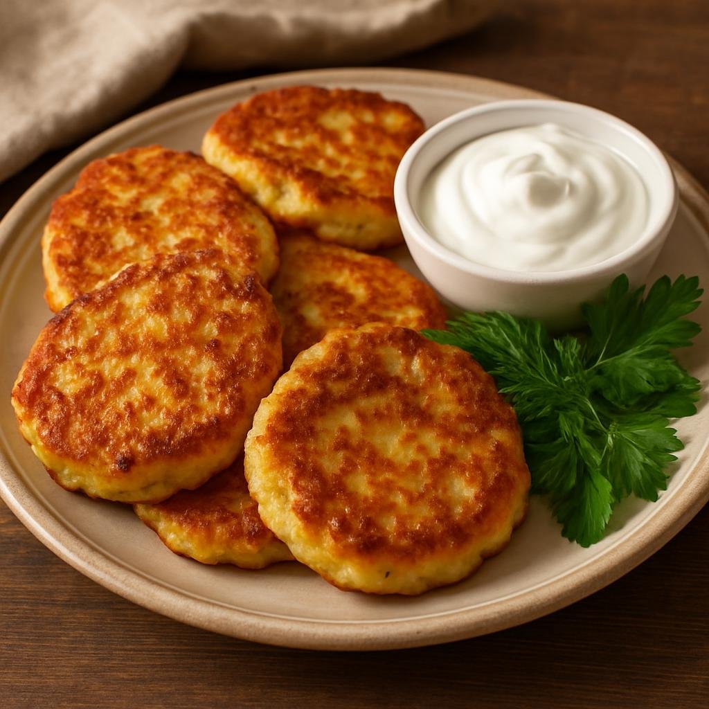 Entree: Belarus – Central Culinary Region – Цыбрыкі ➤ Tsibriki (Savory Belarusian cottage-cheese and potato fritters pan-fried and served with sour cream and herbs) recipe