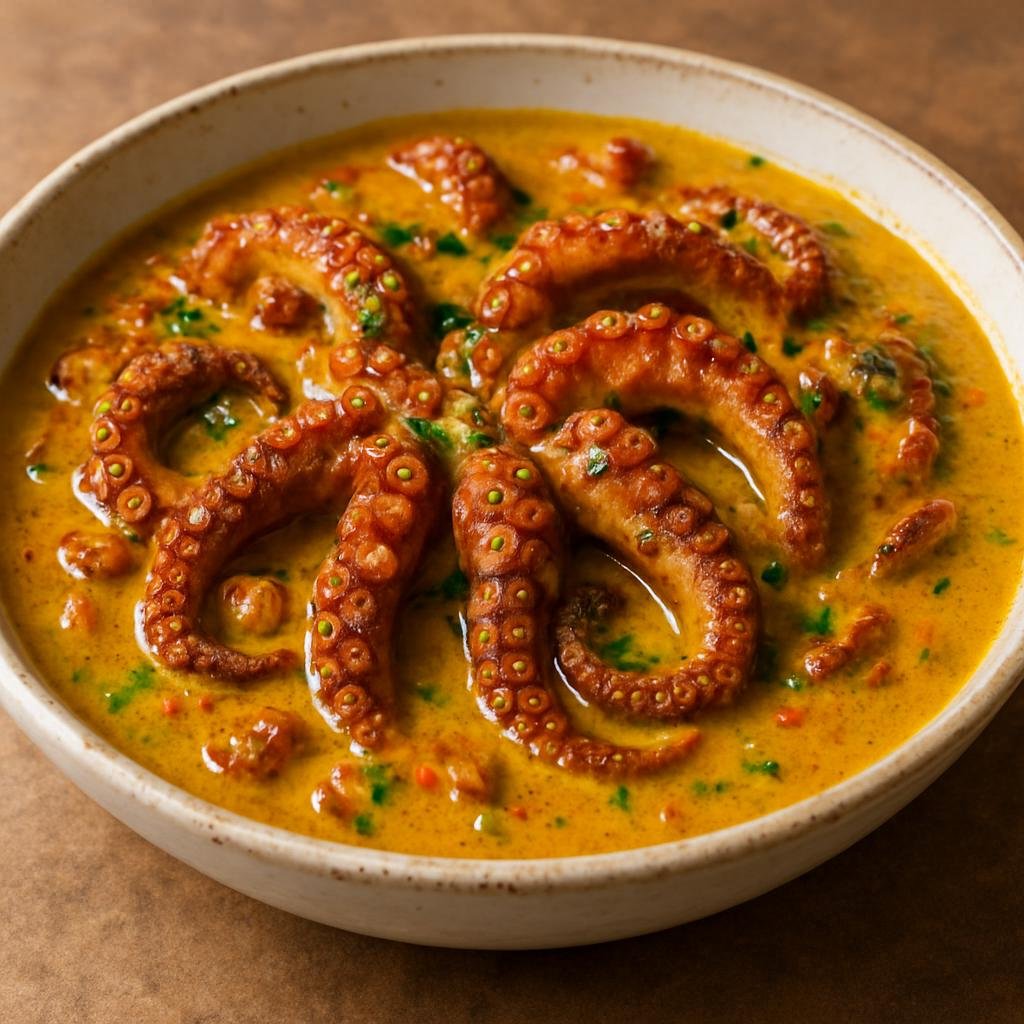 Entree: Cook Islands – Curried Octopus (Octopus simmered in a coconut curry with island spices) recipe