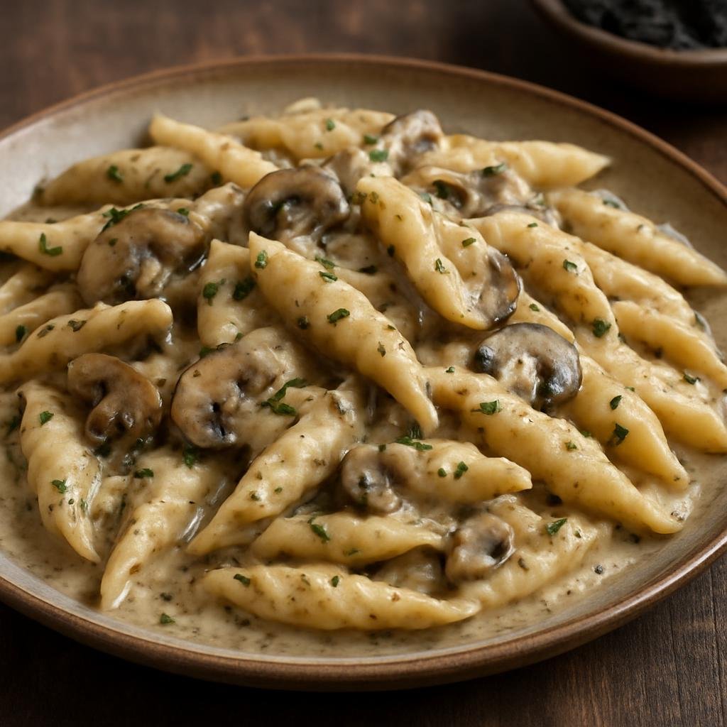 Entree: Croatia – Istrian Fuži (Hand-rolled ridged pasta from Istria usually served with a creamy mushroom and truffle sauce) recipe