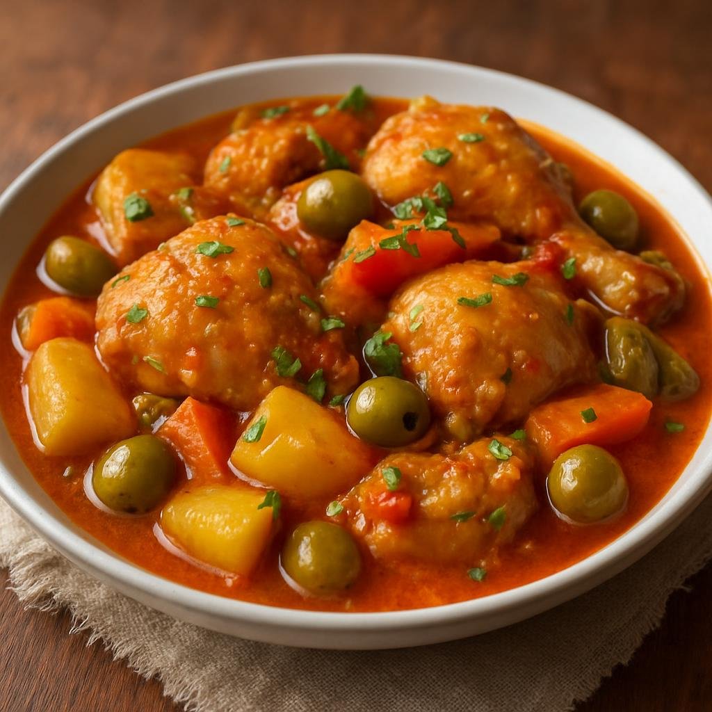 Entree: Cuba – Fricase de Pollo (Cuban braised chicken stew with potatoes, vegetables, olives, and a tangy tomato-citrus sauce) recipe