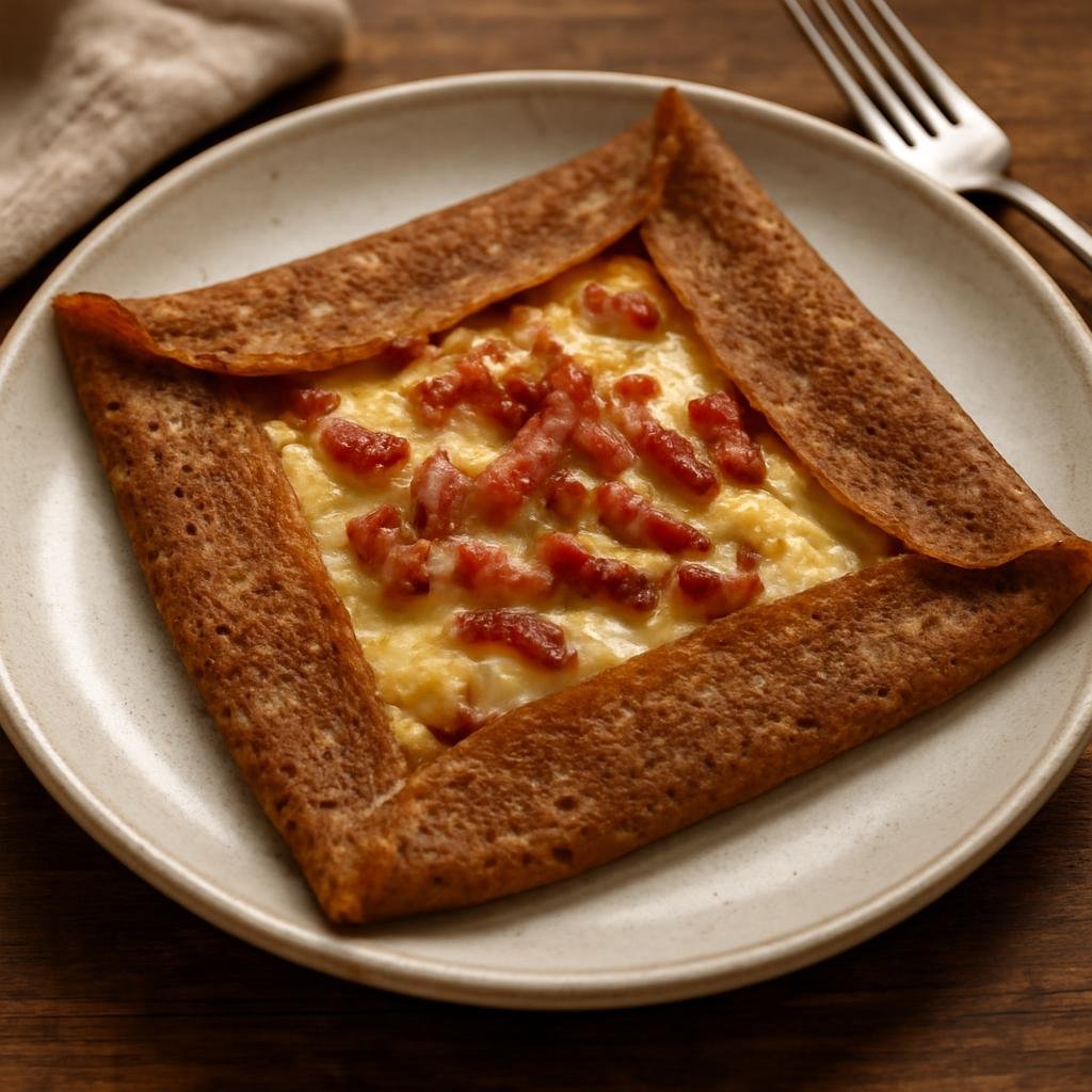 Entree: France – Auvergne – Bourriol (A rustic Auvergne buckwheat pancake cooked thick like a crepe and traditionally served savory with cheese and lardons) recipe