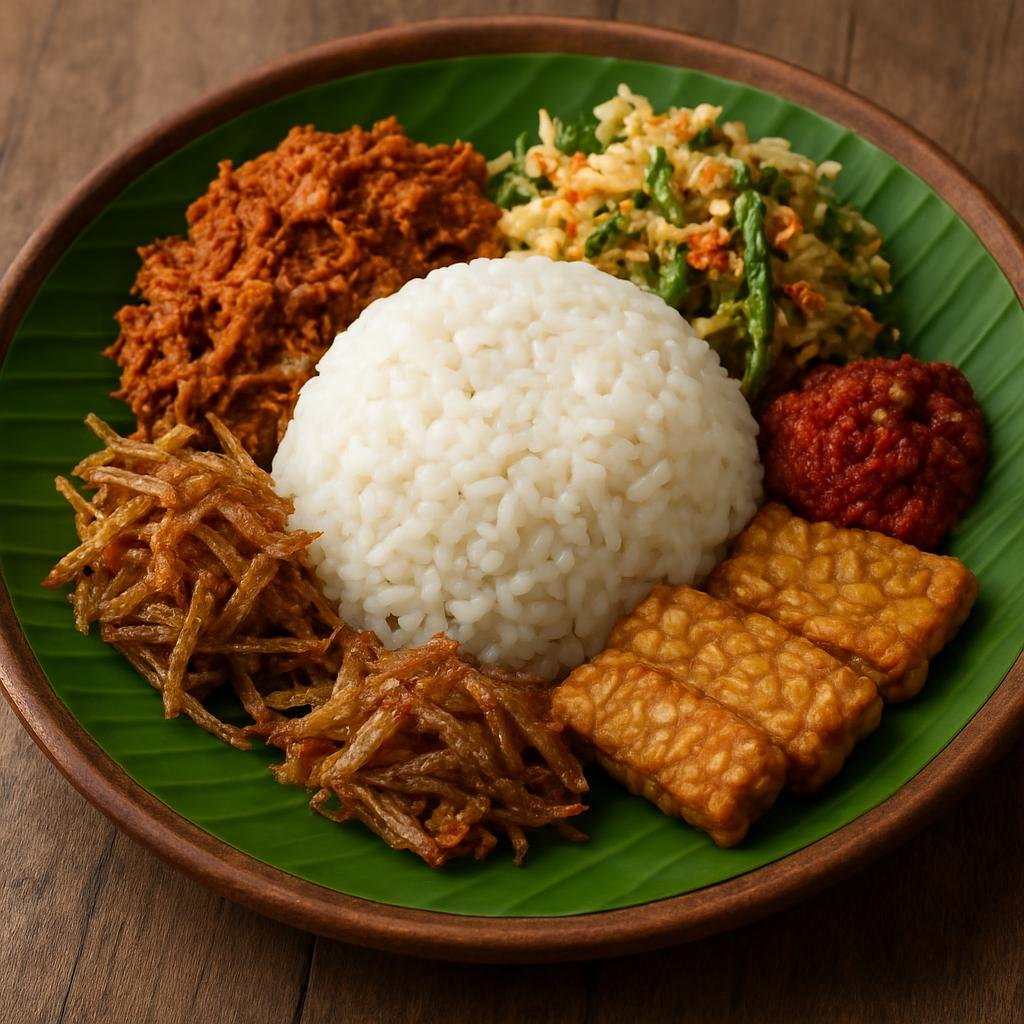 Entree: Indonesia – Bali – Nasi Tepeng (A Balinese mixed rice platter served on banana leaf with coconut-infused rice, spiced shredded chicken, urap vegetable coconut salad, sambal, tempeh, and crispy anchovies) recipe