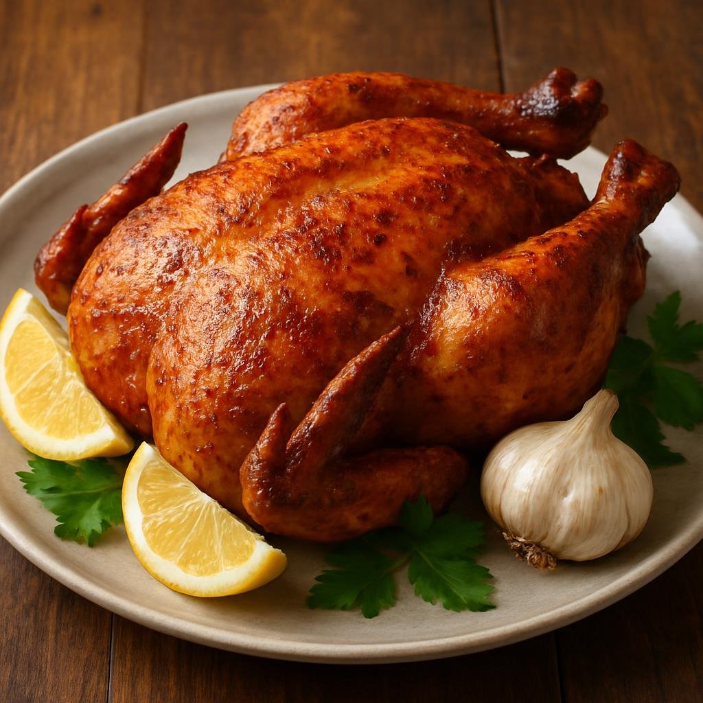 Entree: Germany – Bavaria – Hendl (Traditional Bavarian roasted whole chicken with crisp skin flavored by butter, lemon, garlic, and paprika) recipe