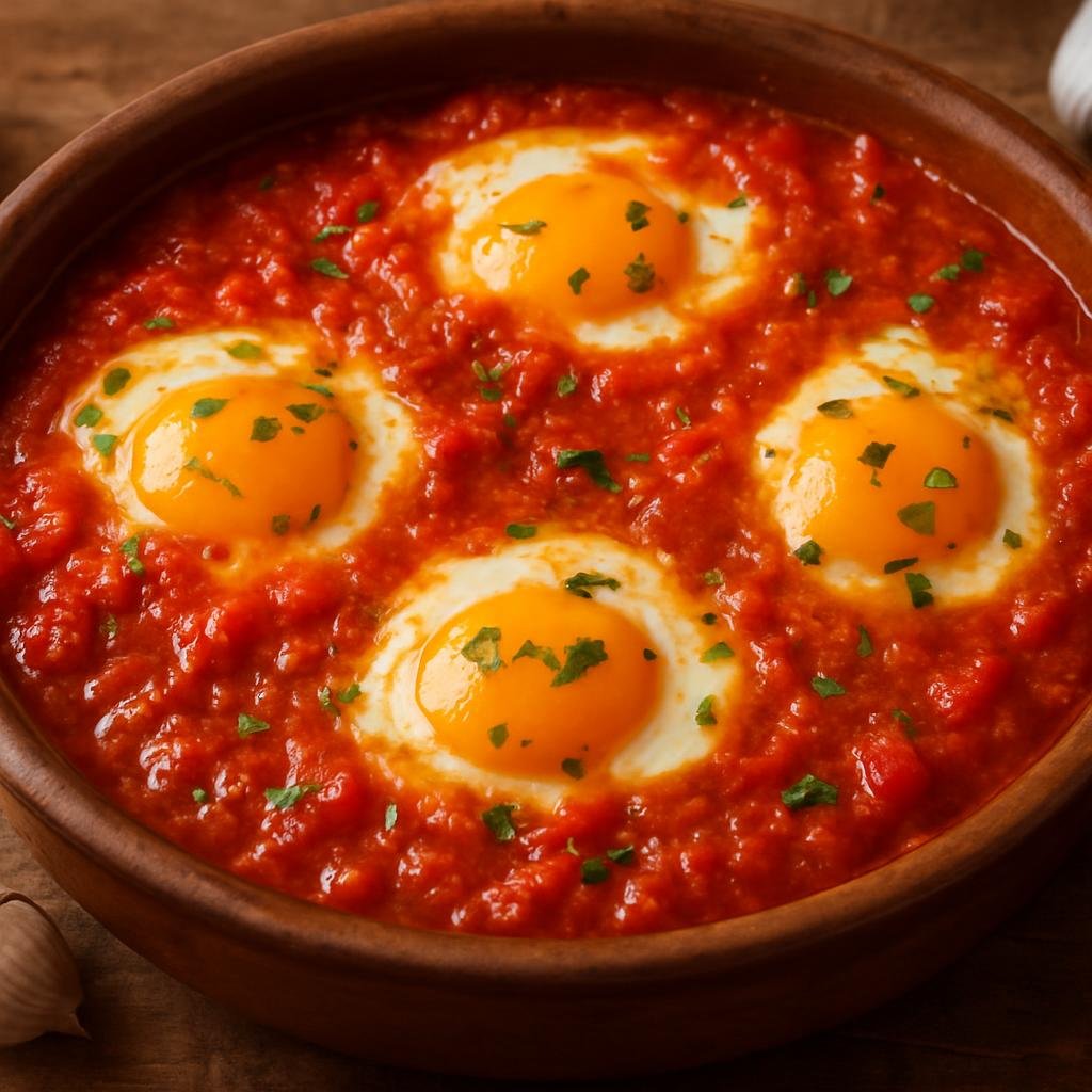 Entree: Spain – Aragon – Huevos al Salmorrejo (Eggs served in a rustic garlicky tomato and red pepper sauce typical of Aragon) recipe