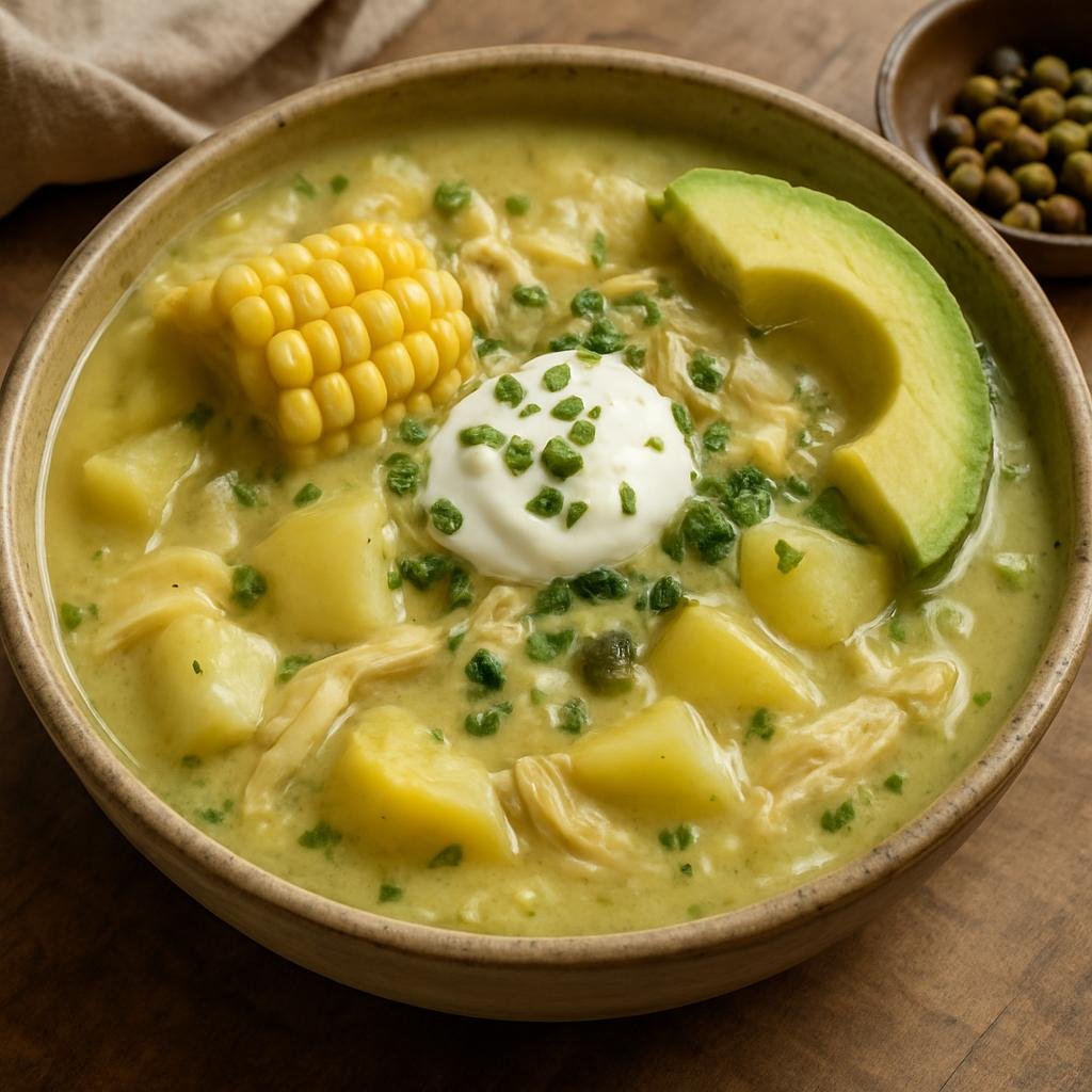 Entree: Colombia – Antioquia – Ajiaco Antioqueño (Hearty Colombian chicken and three-potato soup flavored with guasca, served with corn, crema, capers, and avocado) recipe