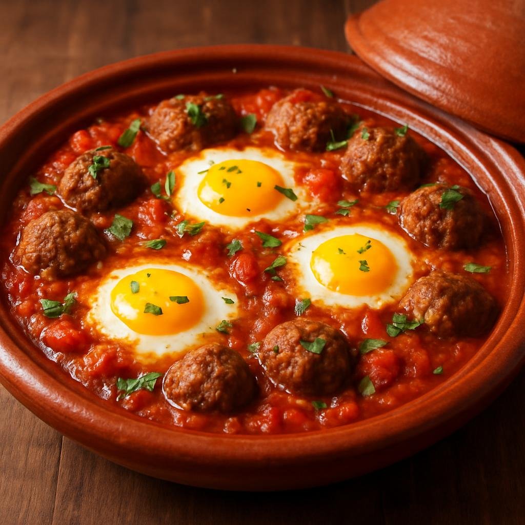 Entree: Morocco – Berber Cuisine – كفتة طاجين ➤ Kufta Tagine (Spiced ground meatball stew cooked in a tagine with tomatoes and eggs) recipe