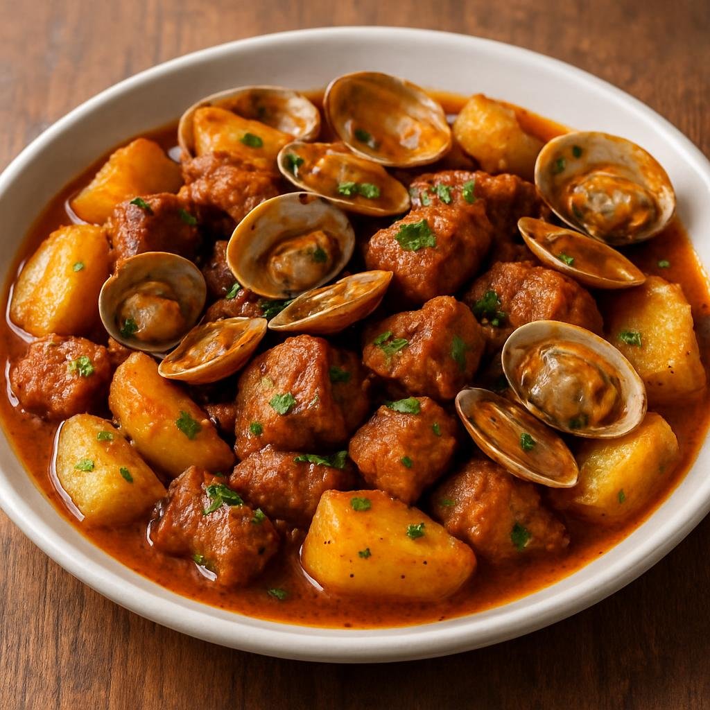 Entree: Portugal – Algarve – Carne de Porco à Alentejana (Marinated pork stew braised with clams and fried potatoes in a garlicky paprika sauce) recipe