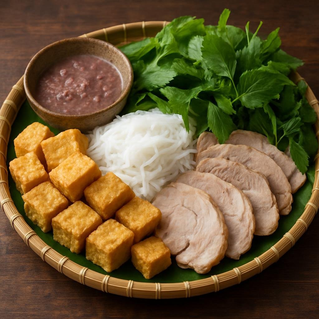 Entree: Vietnam – Hanoi – Bún Đậu Mắm Tôm (Hanoi platter of rice vermicelli with fried tofu, boiled pork, fresh herbs, and pungent fermented shrimp paste dipping sauce) recipe