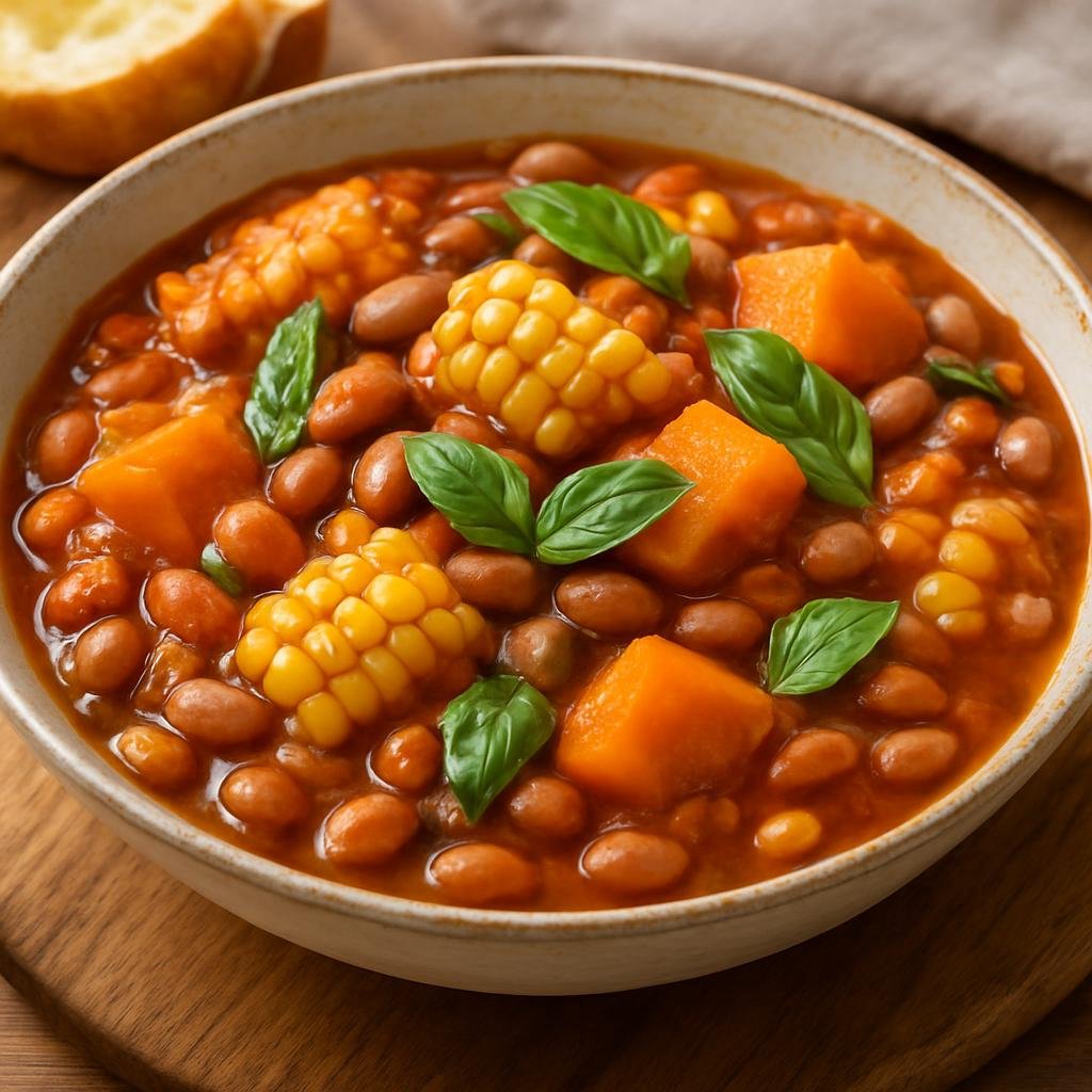 Entree: Chile – Central Culinary Region – Porotos Granados (Chilean summer stew of cranberry beans with pumpkin, fresh corn, and basil) recipe