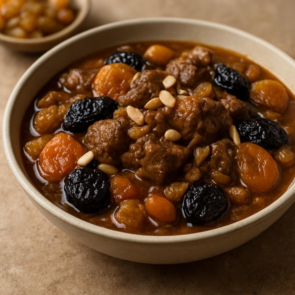 Entree: Algeria – Central Culinary Region – لحم لحلو ➤ Lham Lahlou (Sweet Algerian lamb stew cooked with dried fruit, sugar, and fragrant floral water) recipe