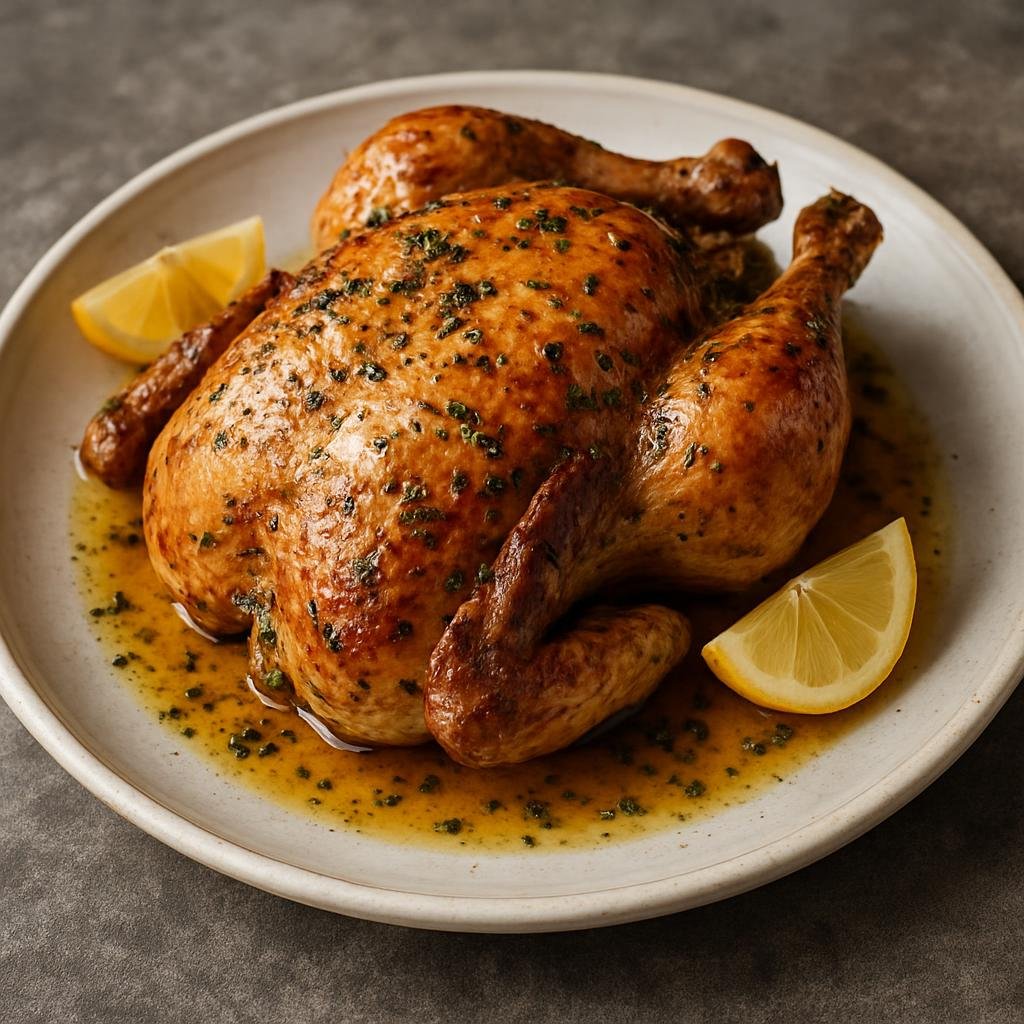 Entree: Denmark – Central Culinary Region – Stegt kylling (Roast chicken seasoned with butter, herbs, and lemon, served with pan juices) recipe