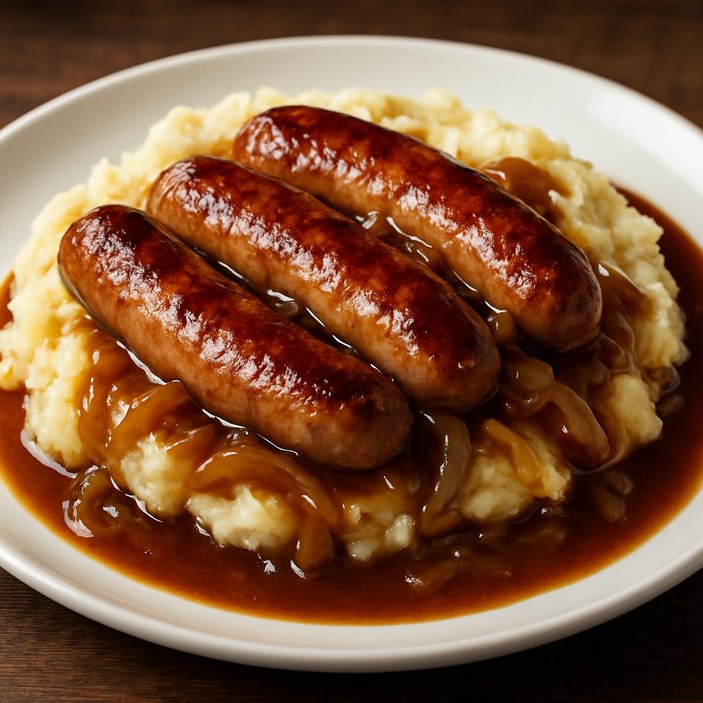Entree: Ireland – Dublin & East – Bangers and Mash (Pork sausages served with creamy mashed potatoes and onion gravy) recipe