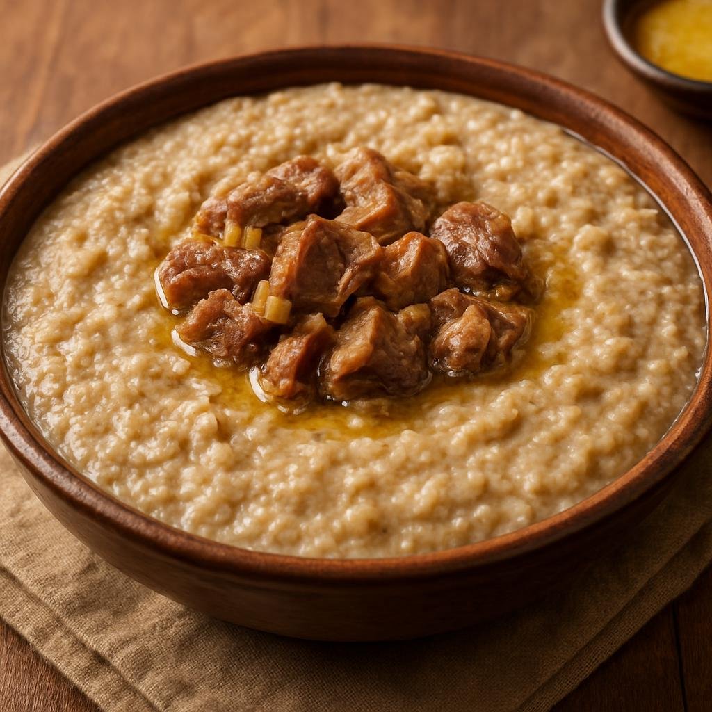 Entree: Saudi Arabia – Eastern Province – هريس ➤ Harees (Slow-simmered cracked wheat porridge cooked with tender meat and butter) recipe