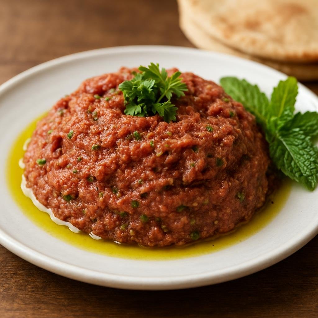 Entree: Lebanon – Mount Lebanon – كبة نية ➤ kibbeh nayyeh (Lebanese raw spiced lamb and bulgur tartare served with olive oil and fresh herbs) recipe