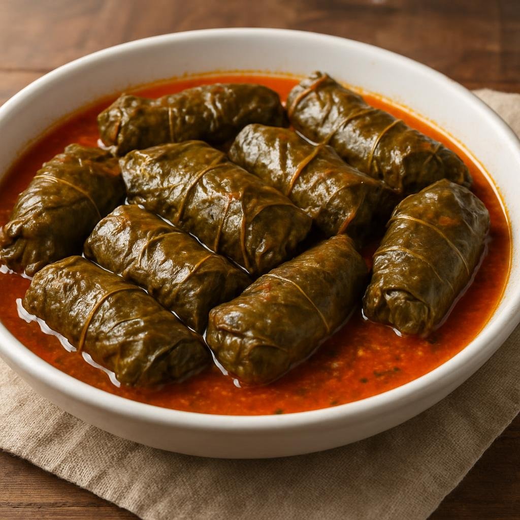 Entree: Bosnia and Herzegovina – National Cuisine – Japrak (Stuffed grape leaves filled with seasoned minced meat and rice simmered in a savory tomato-broth) recipe
