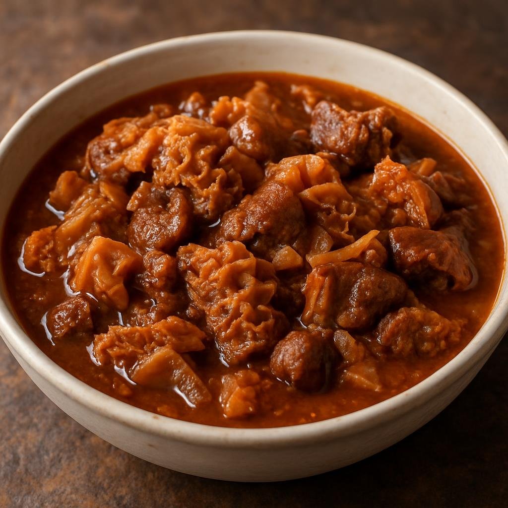 Entree: Botswana – National Cuisine – Mogodu (Slow-simmered beef tripe stew seasoned with onions and traditional spices) recipe