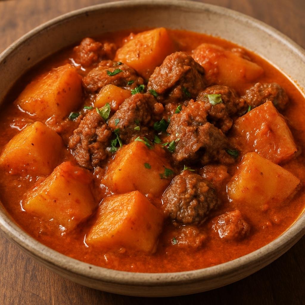 Entree: Burkina Faso – National Cuisine – Ragout d'Igname (Hearty yam stew simmered with meat and a tomato-peanut flavored sauce) recipe
