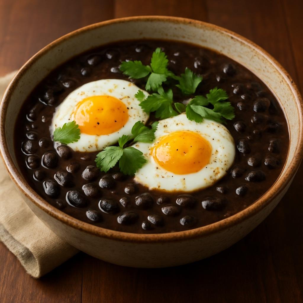 Entree: Costa Rica – National Cuisine – Sopa Negra (Hearty Costa Rican black bean soup traditionally finished with poached eggs and cilantro) recipe
