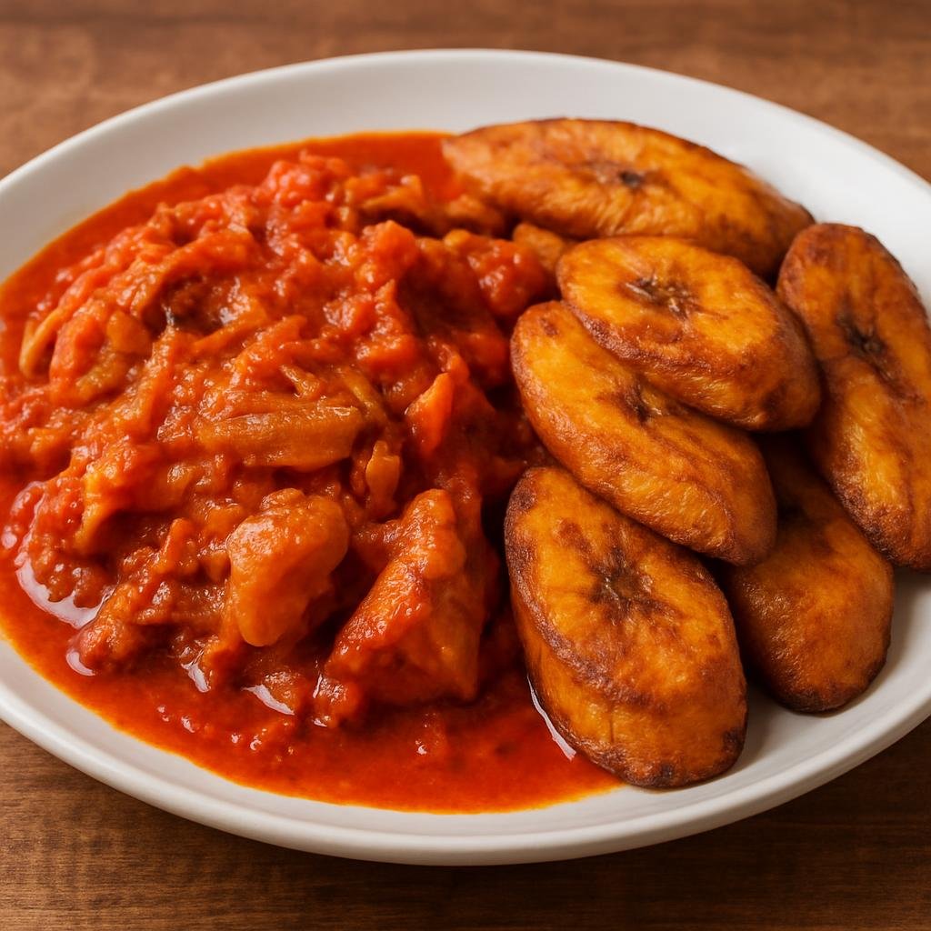 Entree: Democratic Republic of the Congo – National Cuisine – Makayabu (Salted preserved cod stewed with tomatoes, onions and palm oil, typically served with plantains or rice) recipe