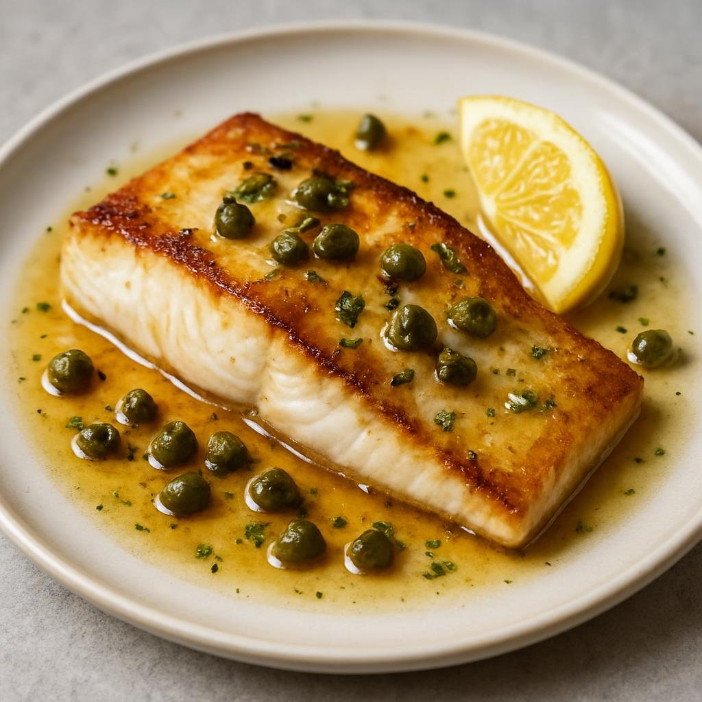 Entree: Norway – Norwegian Coastal Seafood – Kveite (Norwegian halibut prepared simply and finished with browned butter, lemon, and capers) recipe