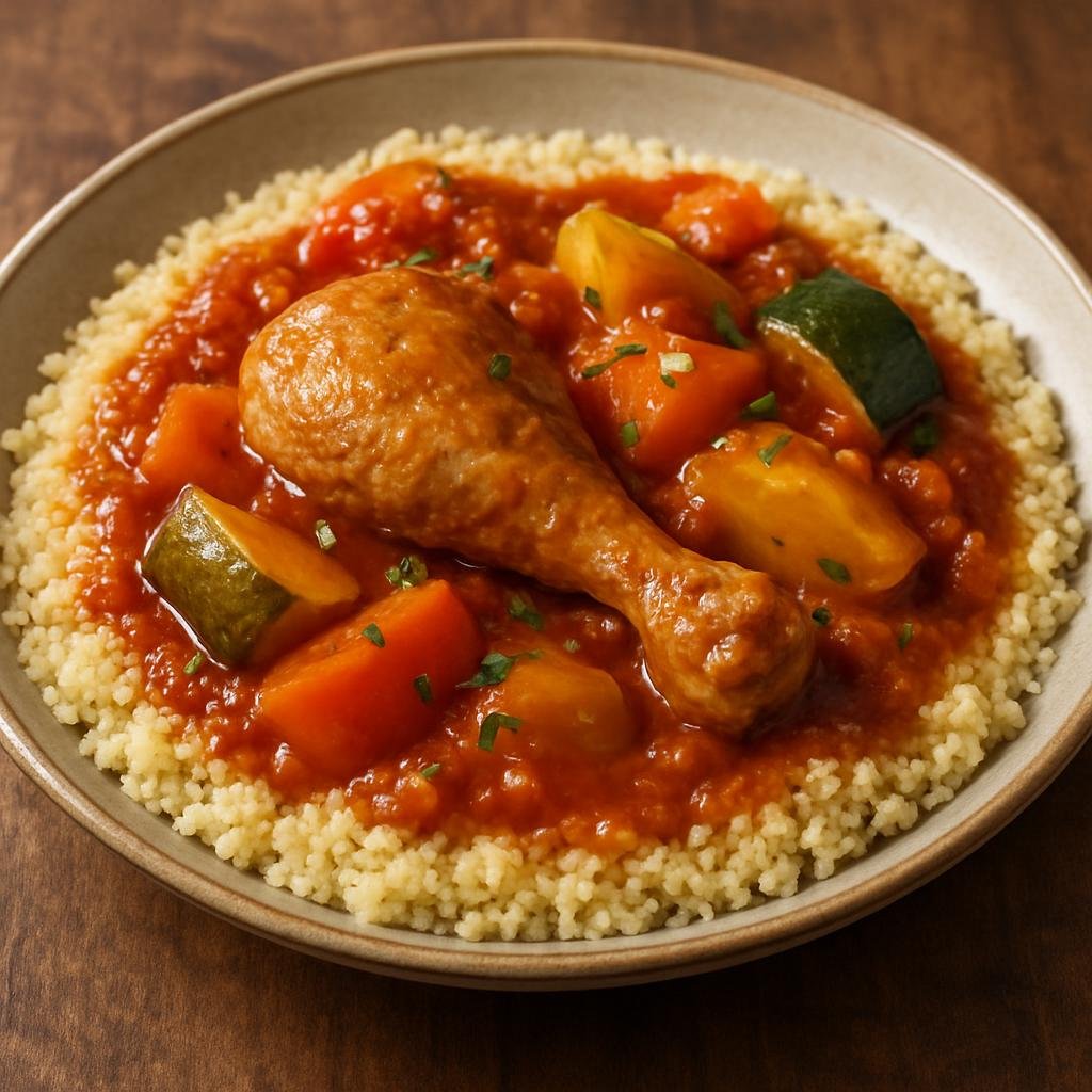 Entree: Senegal – Dakar & Coastal Senegal – Couscous Senegalais (Steamed semolina granules served with a spiced tomato-based broth, vegetables, and chicken) recipe