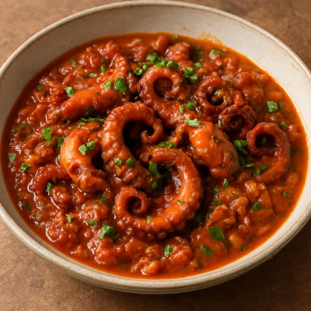 Entree: Guadeloupe – Northern Culinary Region – Fricassée de Chatrou (Guadeloupean stewed octopus in a Creole tomato and herb sauce) recipe
