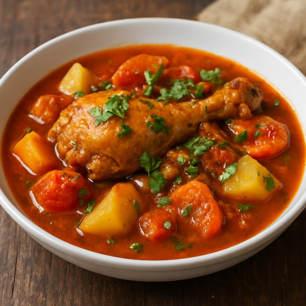 Entree: Guatemala – Northern Culinary Region – Estofado de Gallina (Hearty Guatemalan braised chicken stew with vegetables, tomatoes, and cilantro) recipe
