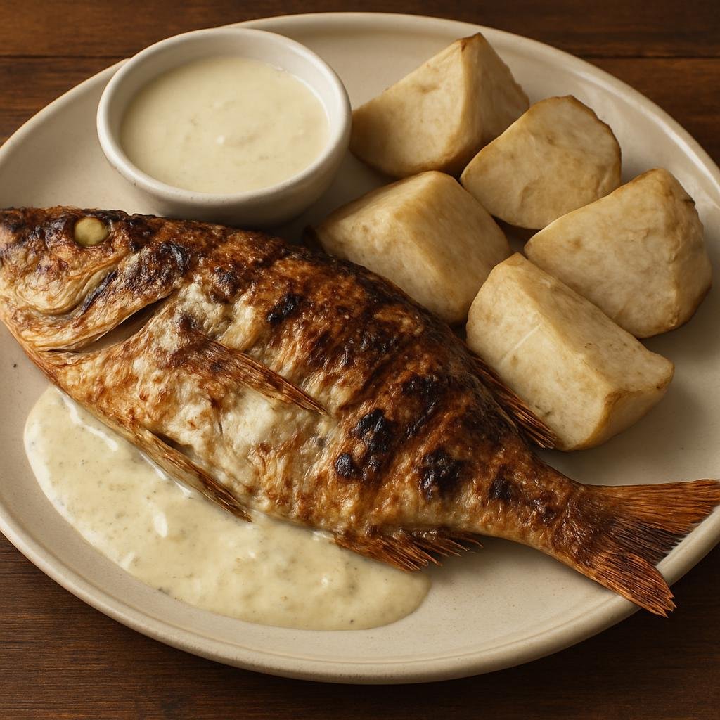 Entree: Kiribati – Northern Culinary Region – Te Bua Toro Ni Kainikama Ma Te Ika (Coconut-marinated grilled whole island fish served with boiled taro and a coconut sauce) recipe