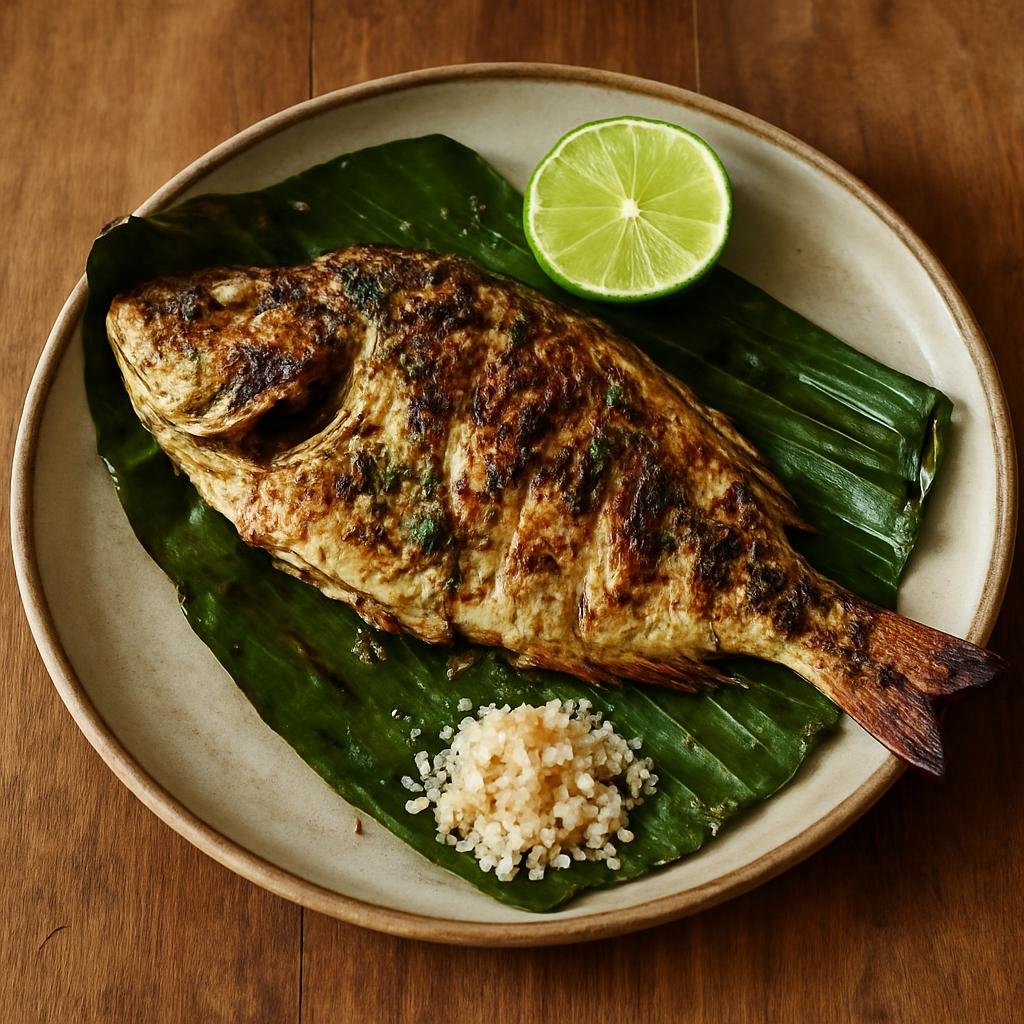 Entree: Micronesia – Northern Culinary Region – Grilled Reef Fish (Whole reef fish split and grilled over coals with island seasonings such as coconut, lime, and banana leaf) recipe