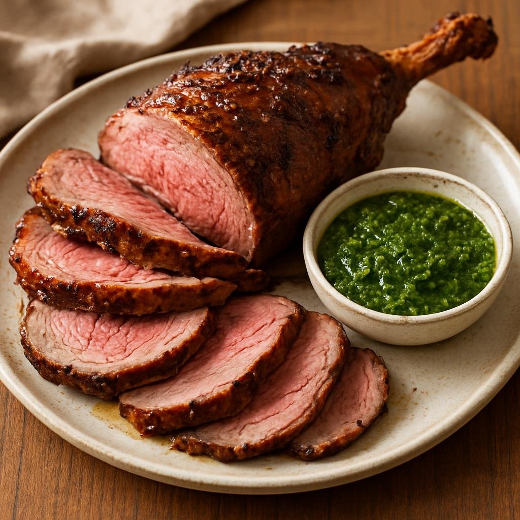 Entree: New Zealand – Maori Cuisine – Roast Lamb with Mint Sauce (Roast leg of lamb served with a bright vinegar-and-mint condiment that complements rich lamb flavors) recipe