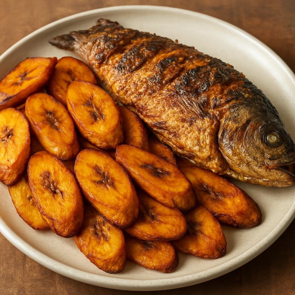 Entree: Sierra Leone – Northern Culinary Region – Fried Plantains with Fish (Crispy fried ripe plantain slices served with seasoned pan-fried whole fish) recipe