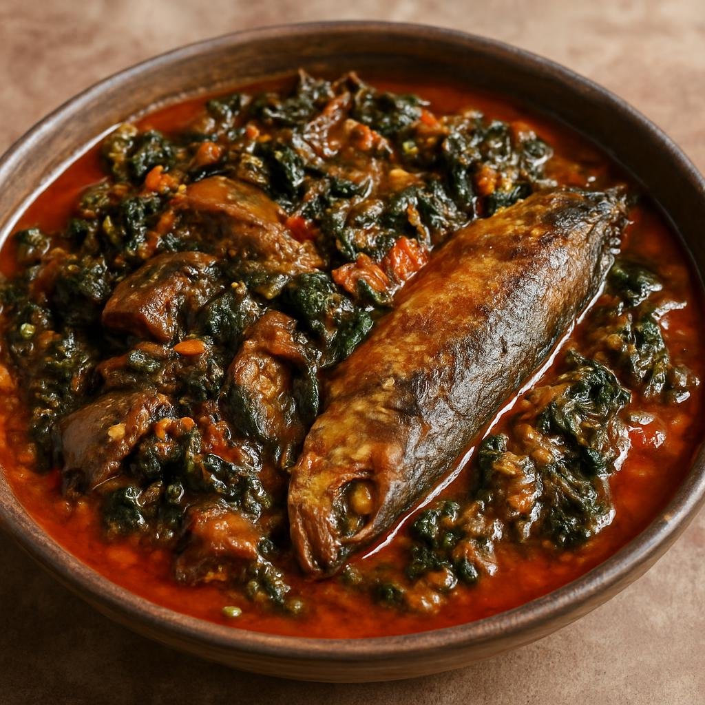Entree: Benin – Central Culinary Region – Gboma Dessi (West African eggplant and leafy-green stew cooked in palm oil with smoked fish and tomatoes) recipe