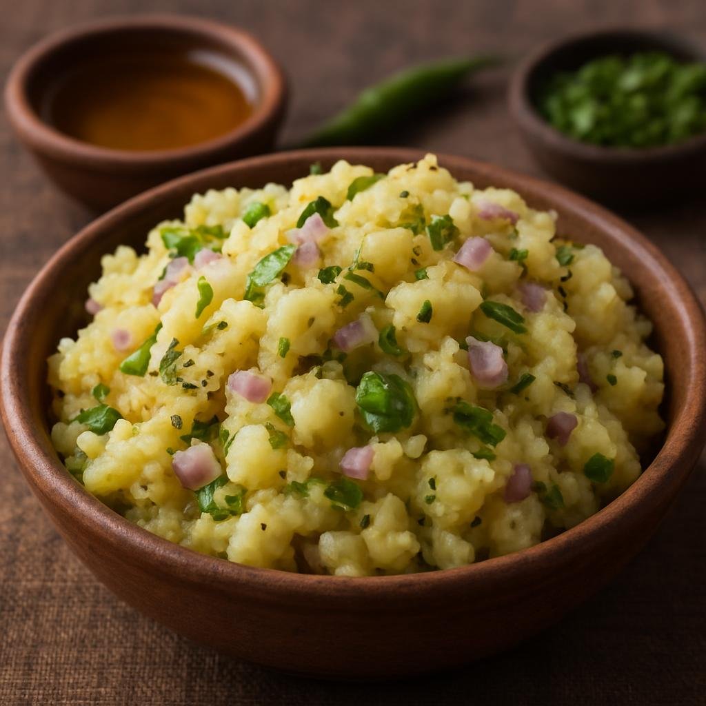 Entree: India – Assam – আলু পিটিকা ➤ ālu piṭikā (Coarsely mashed boiled potatoes flavored with mustard oil, onions, and green chilies from Assam) recipe
