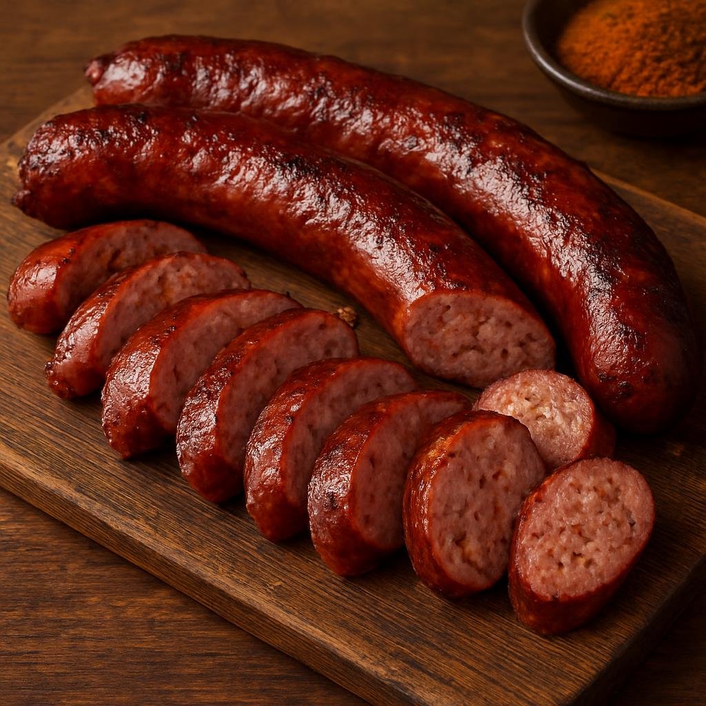 Entree: United States – American BBQ Belt – Texas Style Smoked Sausage (Coarsely ground pork-and-beef sausage seasoned with Texan spices and slow-smoked over wood) recipe