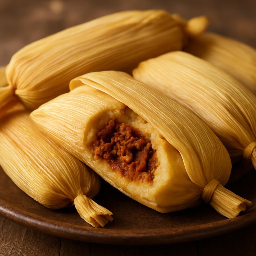 Entree: Mexico – Central Highlands – Tamales (Corn masa dough filled with seasoned meat, wrapped in corn husks and steamed until tender) recipe