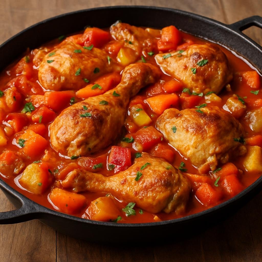 Entree: Argentina – Argentine Italian Cuisine – Pollo al Disco (Chicken pieces braised with vegetables and tomatoes in a wide shallow disc pan) recipe