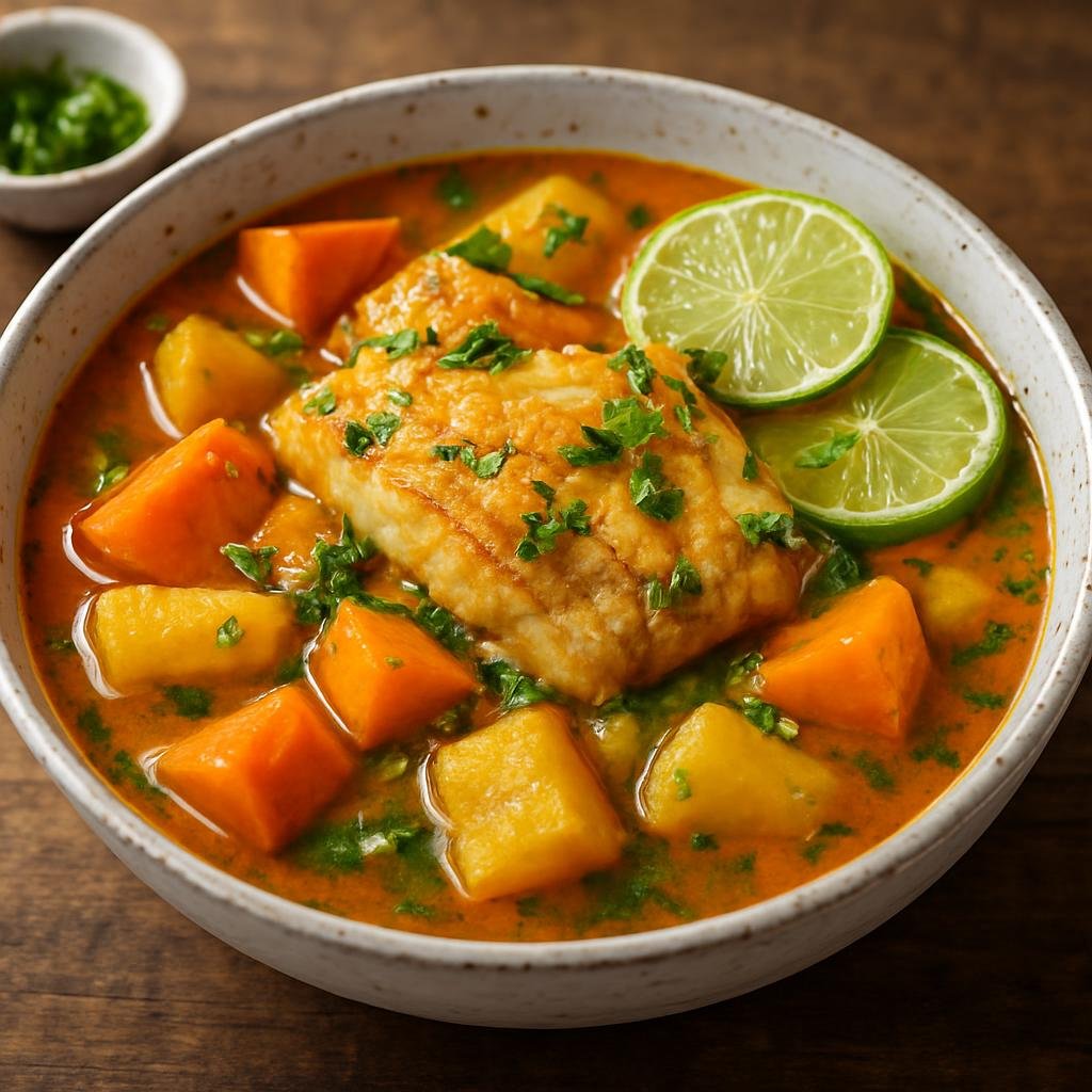 Entree: Peru – Amazonian Peru – Timbuche (Hearty Amazonian fish stew with root vegetables and bright herb-lime finish) recipe