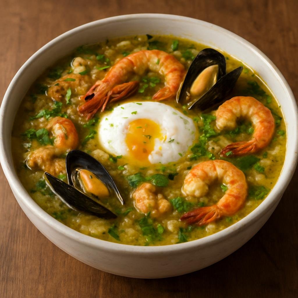Entree: Portugal – Algarve – Açorda de Marisco (Algarve-style seafood and bread soup in a garlicky cilantro-olive oil broth often finished with poached eggs) recipe