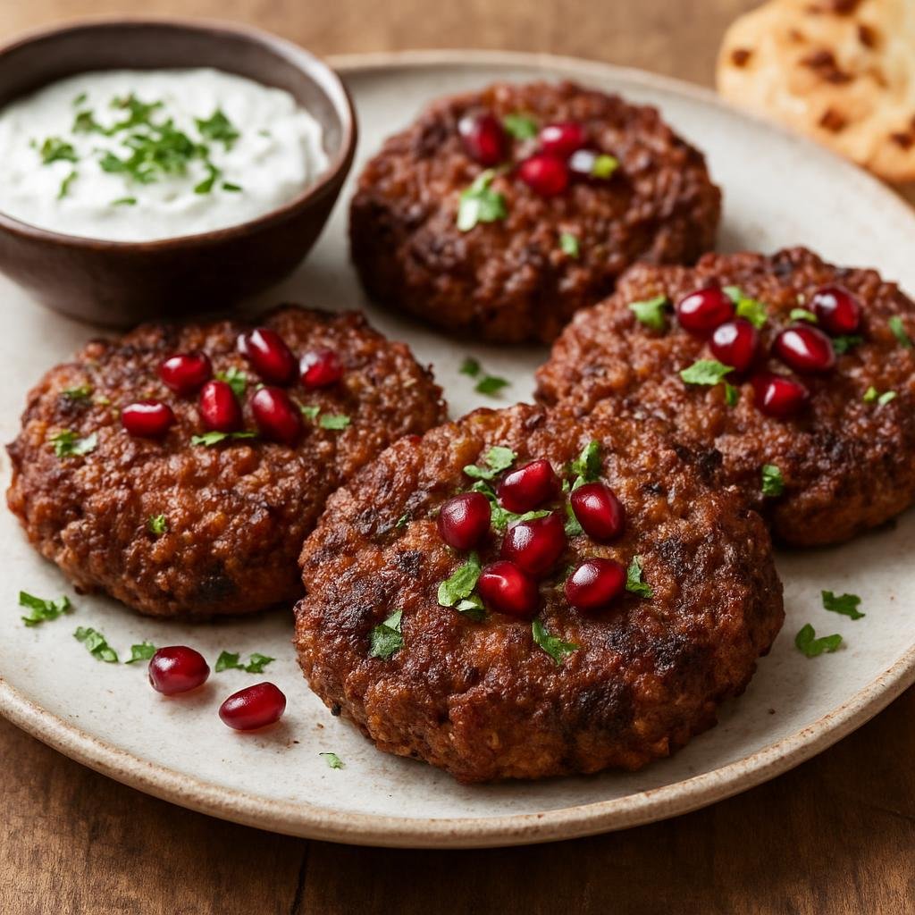 Entree: Afghanistan – Hazarajat Highlands – چپلی کباب ➤ Chapli Kabab (Flattened spiced ground-meat patties fried until crisp, flavored with herbs and pomegranate) recipe